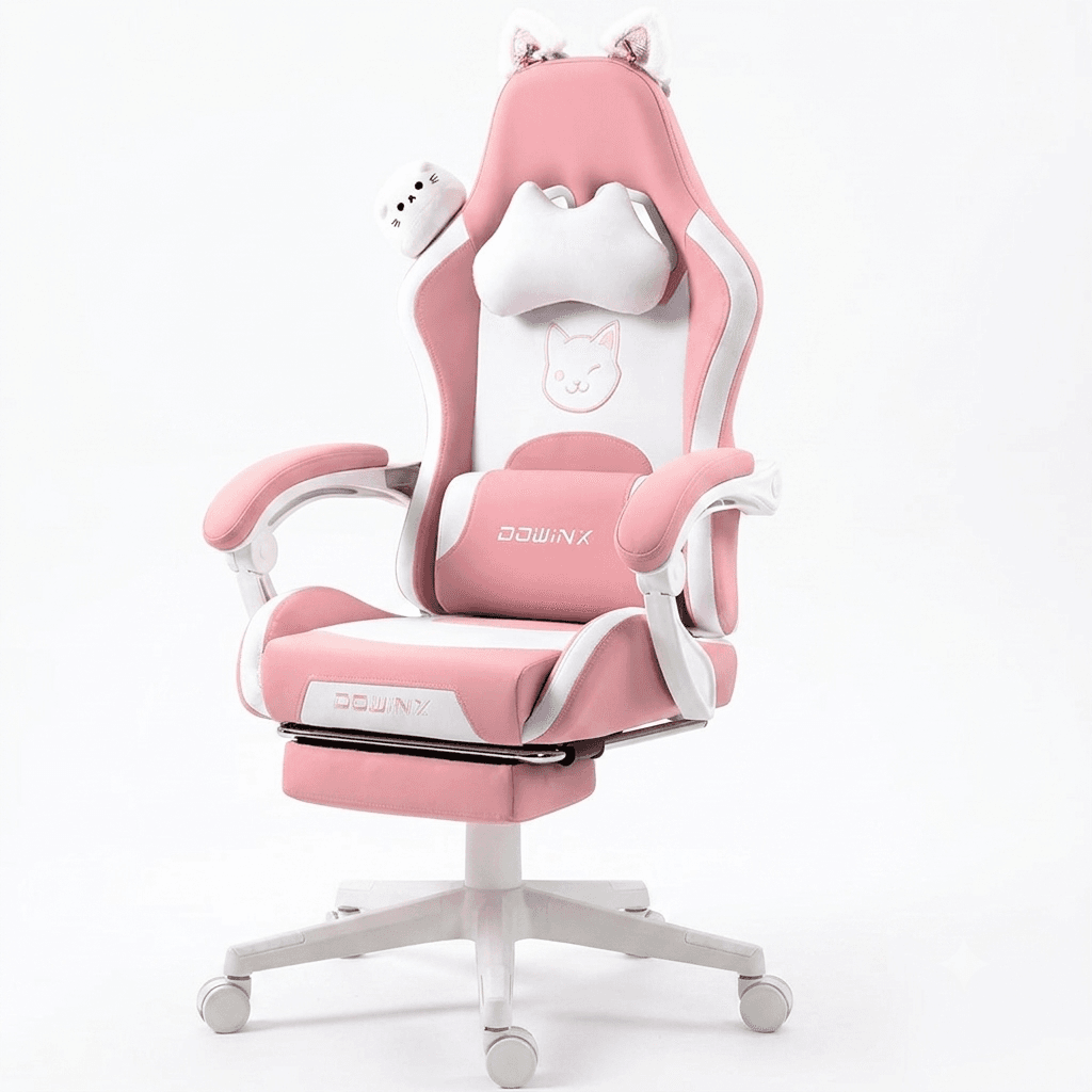 Dowinx Pink Gaming Chair with Cat Ears and Massage Lumbar Support