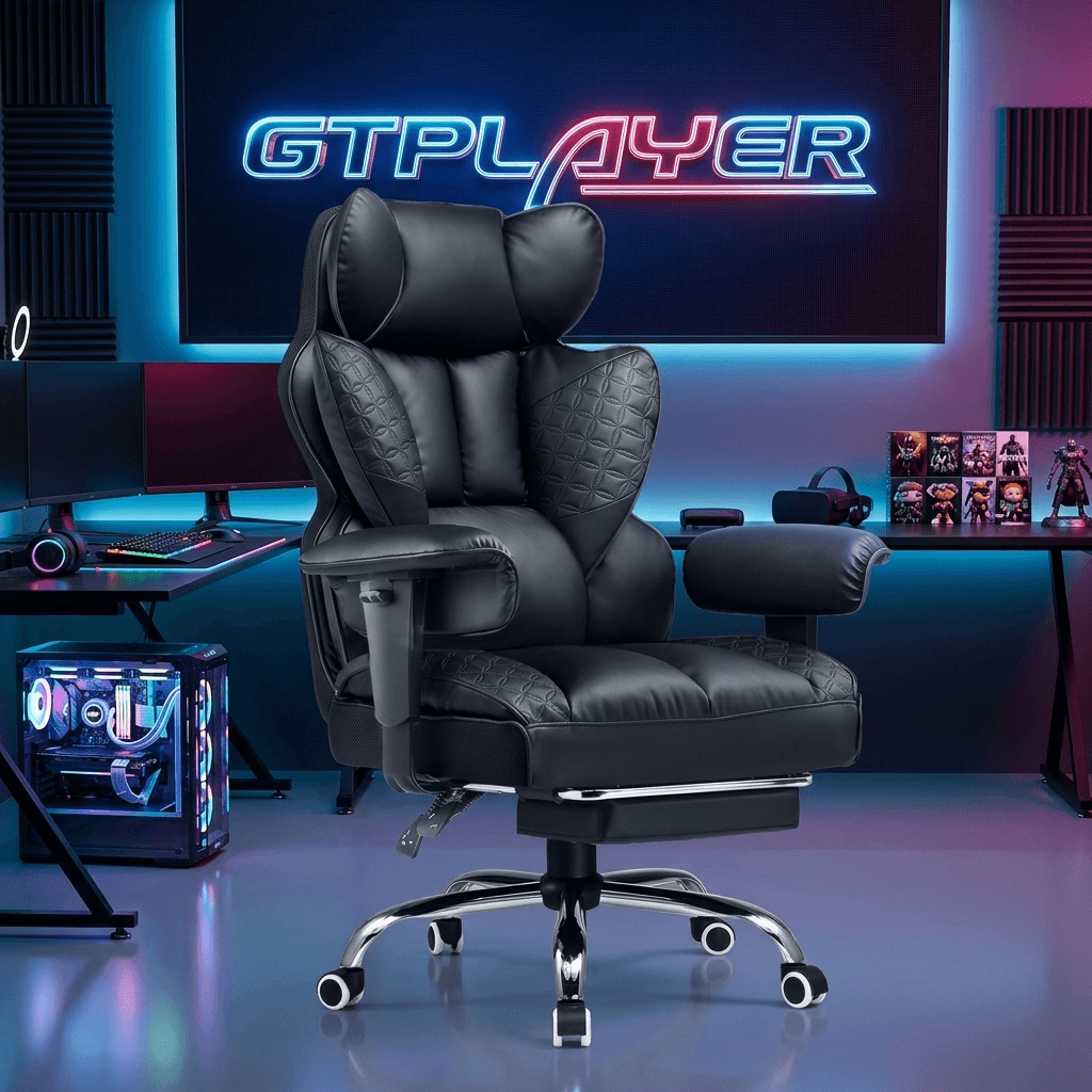 GTPLAYER Big and Tall Gaming Chair 400 lbs in Earth Black faux leather with footrest