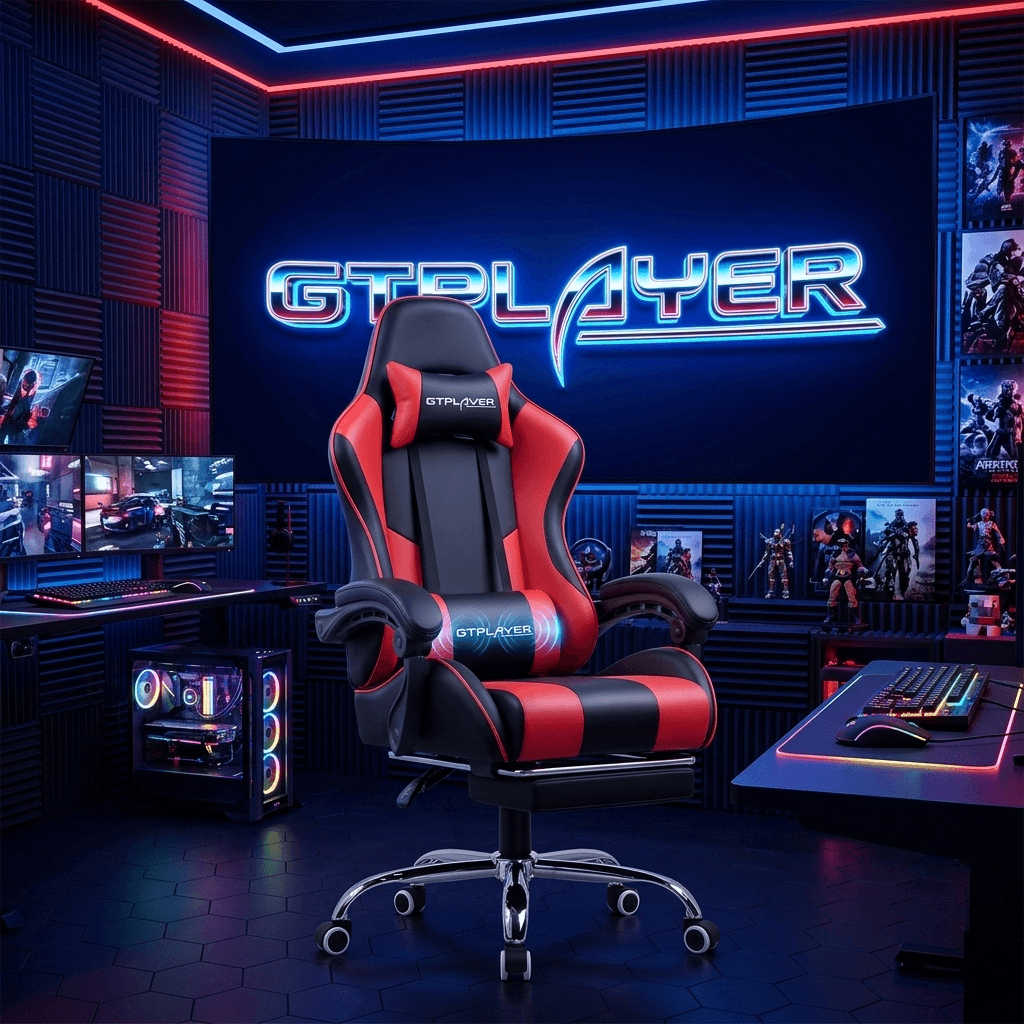 GTPLAYER Gaming Chair in Brickred faux leather with footrest and lumbar support