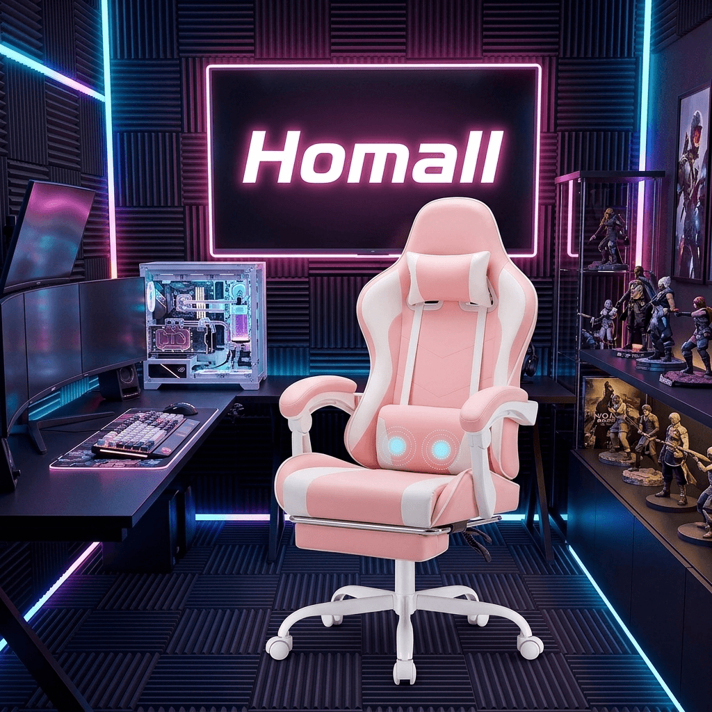 Homall Gaming Chair in pink faux leather with footrest and massage lumbar support