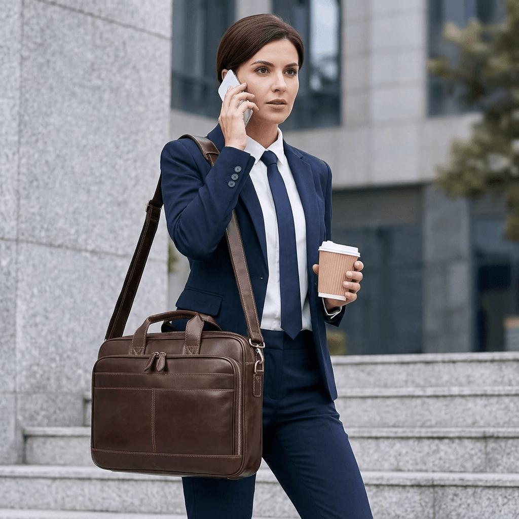 Jack&Chris Full Grain Cowhide Leather Briefcase Men Coffee Color 15.6 Inch