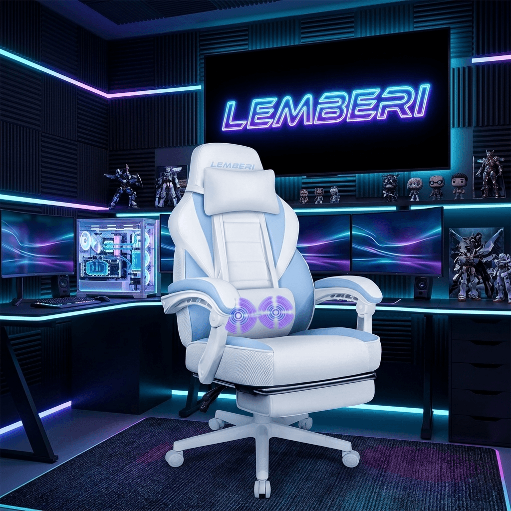 LEMBERI Big and Tall Gaming Chair in blue with wide seat and reinforced footrest