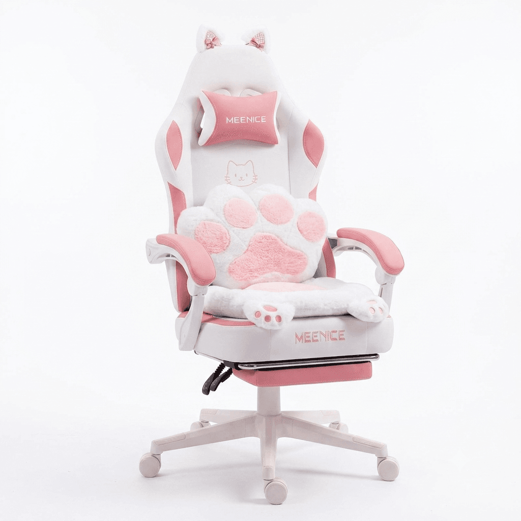 MEENICE Pink Gaming Chair Cute with Cat Ears Paw Lumbar