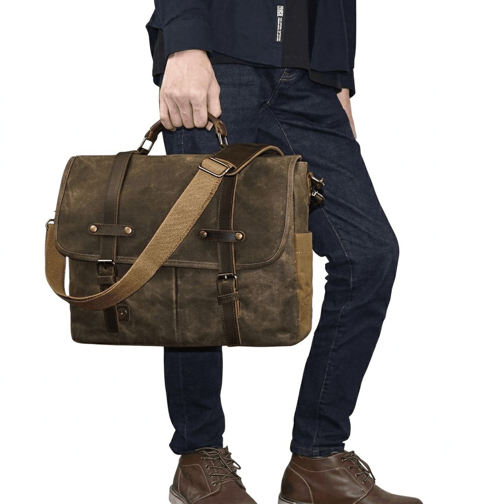 NEWHEY Mens Leather Laptop Messenger Bag Coffee Color