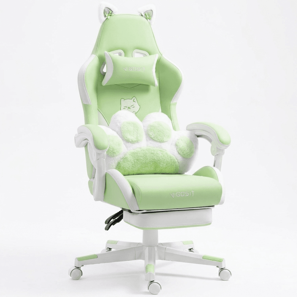 VlGOSlT Cat Ear Gaming Green Chair with Footrest