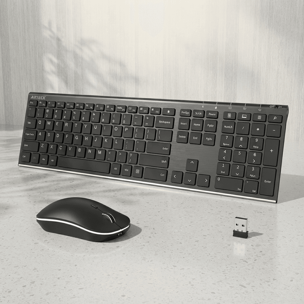 Arteck 2.4G Wireless Ergonomic Keyboard and Mouse Combo Black Rechargeable Home Office