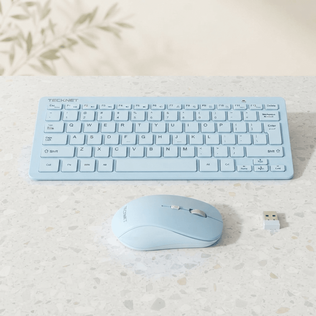 TECKNET Mini Wireless Keyboard and Mouse Combo Blue White Quiet Click Home Office