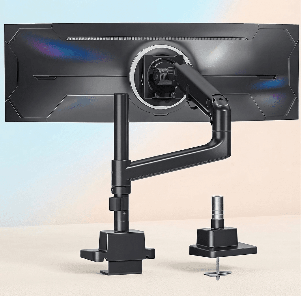monTEK Gas Spring Monitor Arm White Ultrawide Single Curved Screen Desk Mount